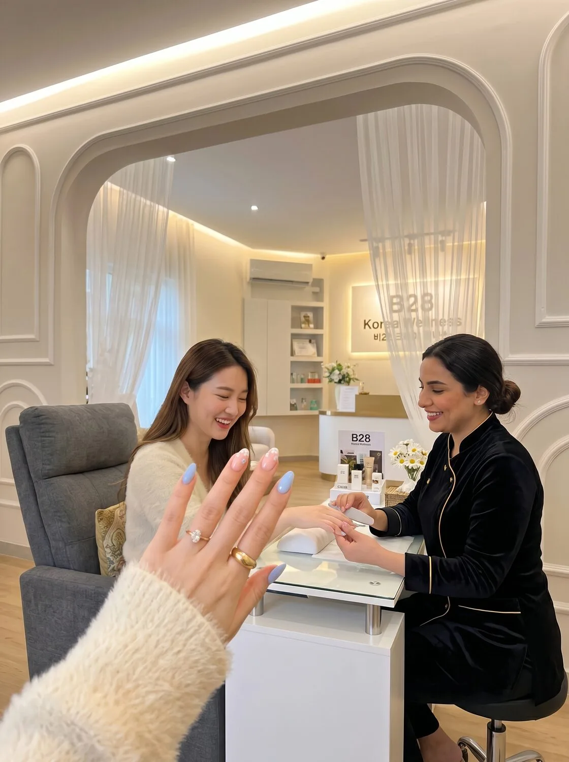Manicure with nail art in progress at B28 in Azaiba, Muscat